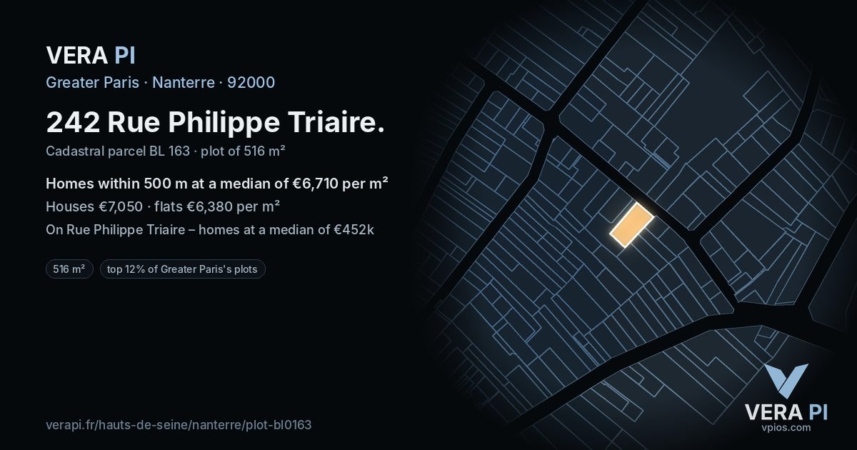 242 Rue Philippe Triaire, Nanterre at night – the plot lit, the parcels around coloured by the prices near them