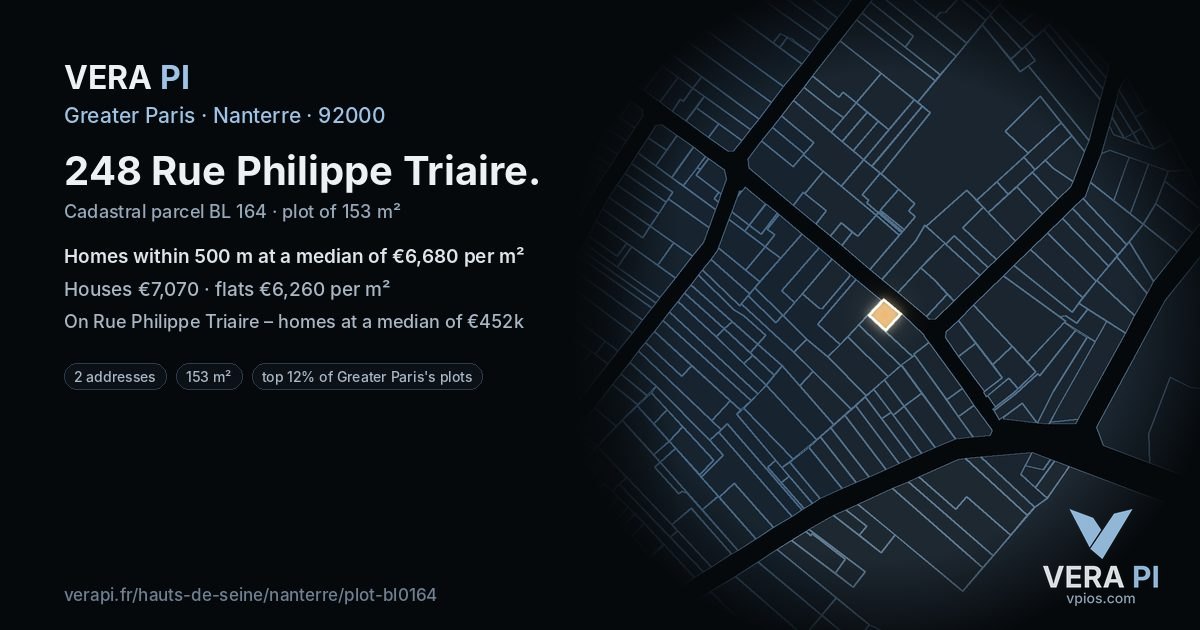 248 Rue Philippe Triaire, Nanterre at night – the plot lit, the parcels around coloured by the prices near them