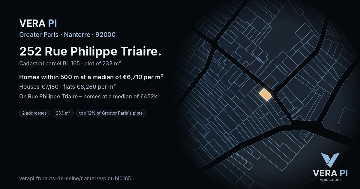 252 Rue Philippe Triaire, Nanterre at night – the plot lit, the parcels around coloured by the prices near them