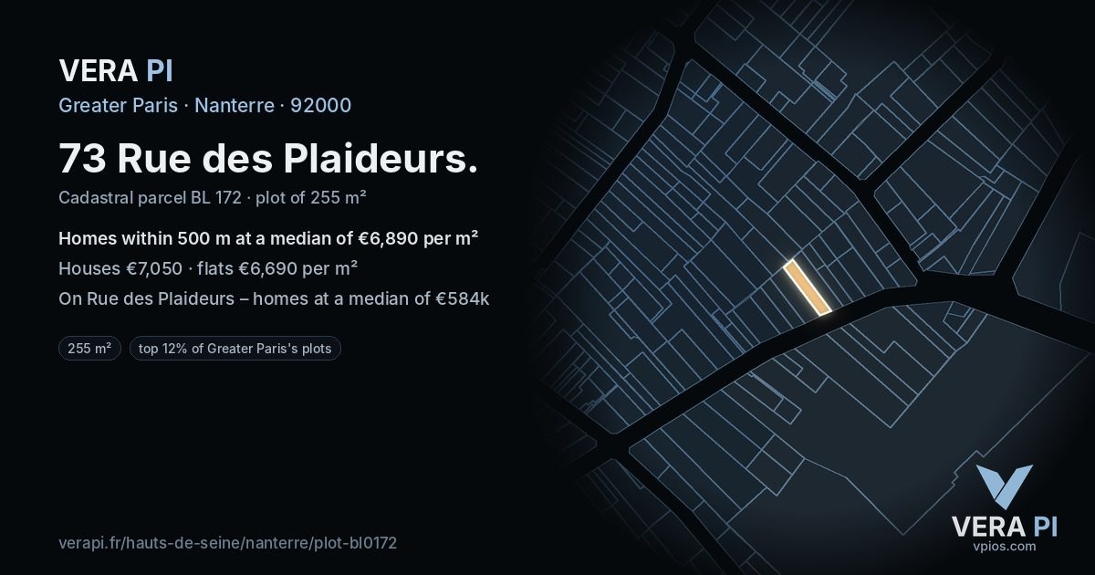 73 Rue des Plaideurs, Nanterre at night – the plot lit, the parcels around coloured by the prices near them