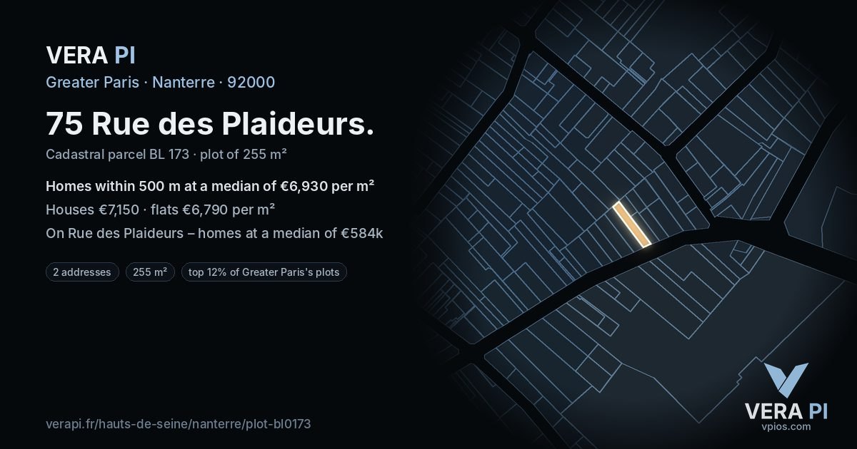 75 Rue des Plaideurs, Nanterre at night – the plot lit, the parcels around coloured by the prices near them