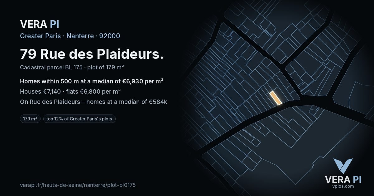 79 Rue des Plaideurs, Nanterre at night – the plot lit, the parcels around coloured by the prices near them