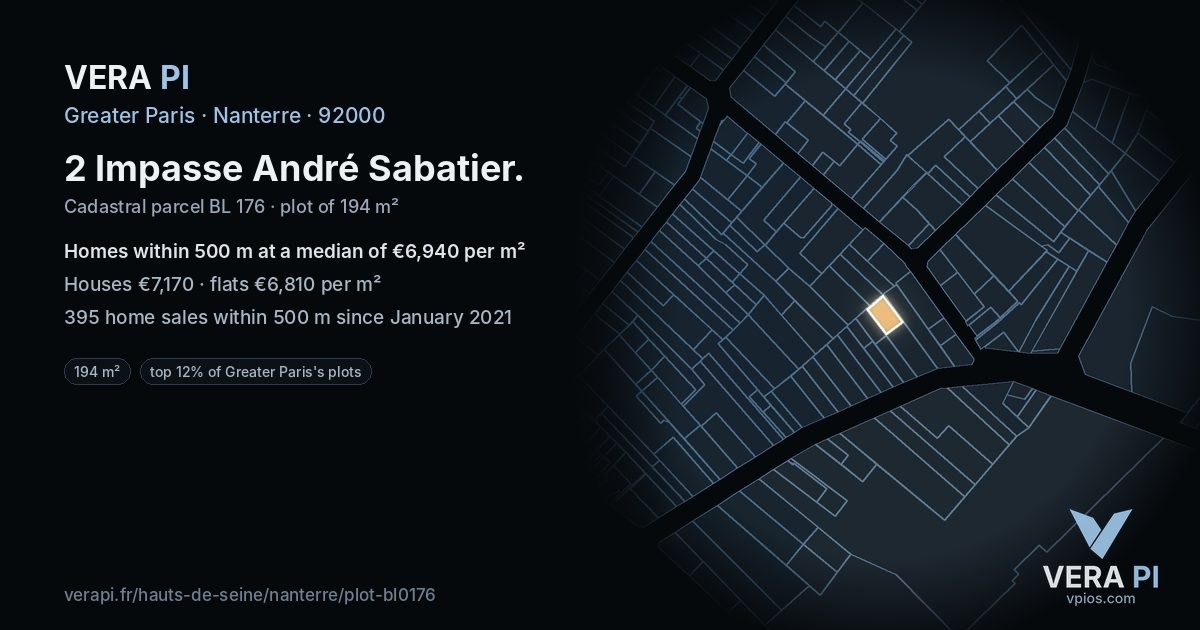 2 Impasse André Sabatier, Nanterre at night – the plot lit, the parcels around coloured by the prices near them