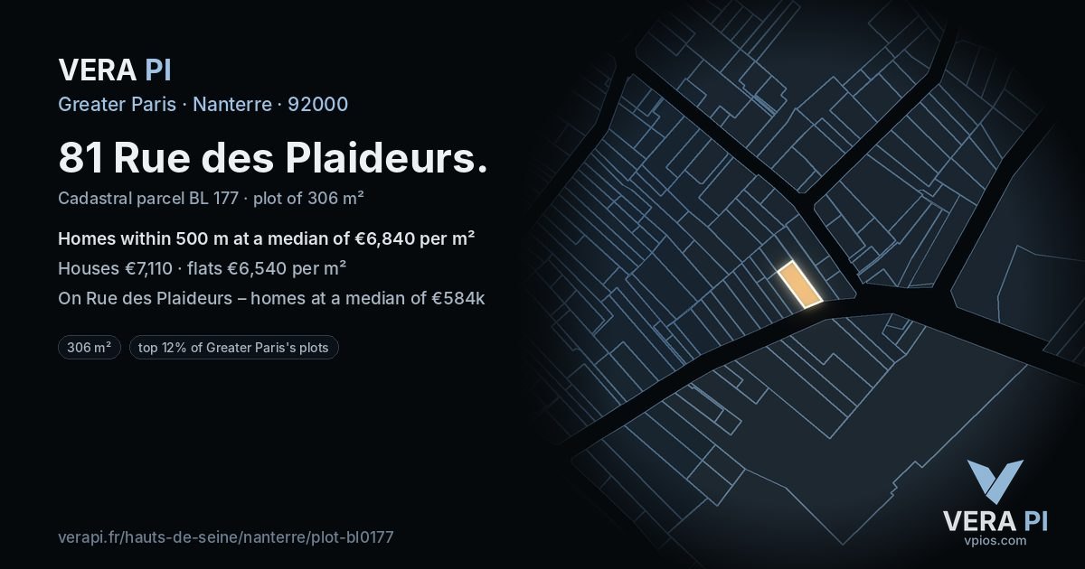 81 Rue des Plaideurs, Nanterre at night – the plot lit, the parcels around coloured by the prices near them