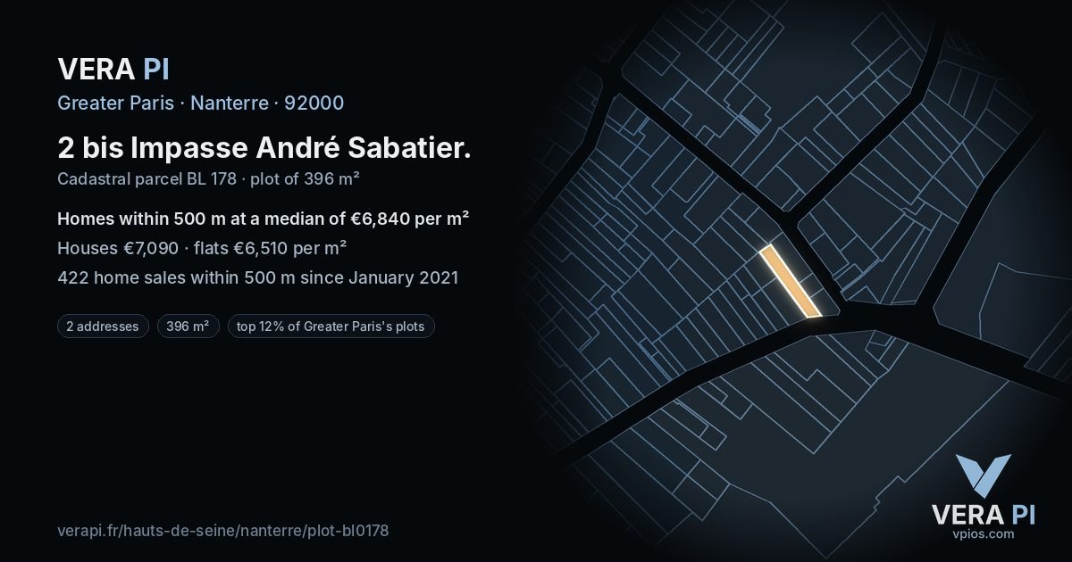 2 bis Impasse André Sabatier, Nanterre at night – the plot lit, the parcels around coloured by the prices near them