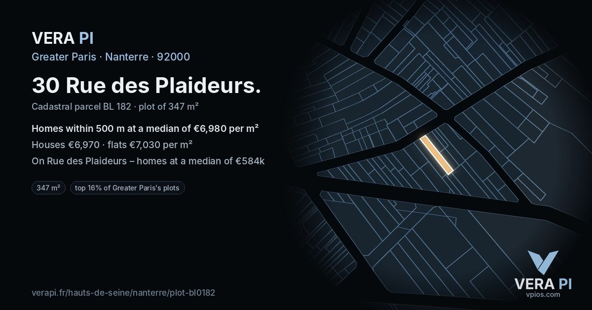 30 Rue des Plaideurs, Nanterre at night – the plot lit, the parcels around coloured by the prices near them
