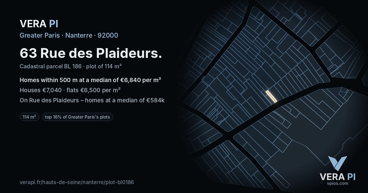 63 Rue des Plaideurs, Nanterre at night – the plot lit, the parcels around coloured by the prices near them