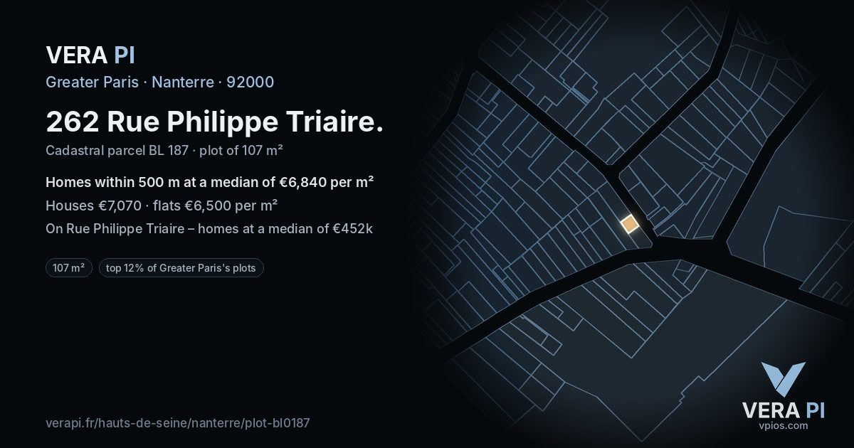 262 Rue Philippe Triaire, Nanterre at night – the plot lit, the parcels around coloured by the prices near them