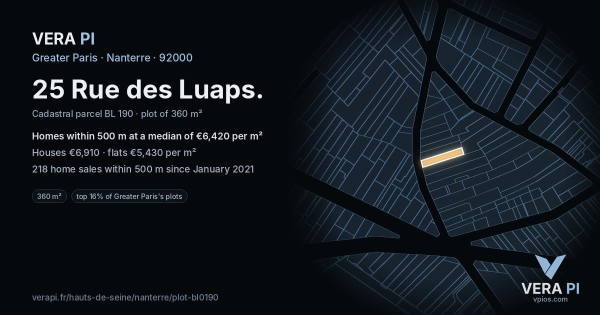 25 Rue des Luaps, Nanterre at night – the plot lit, the parcels around coloured by the prices near them