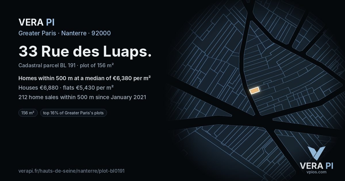 33 Rue des Luaps, Nanterre at night – the plot lit, the parcels around coloured by the prices near them