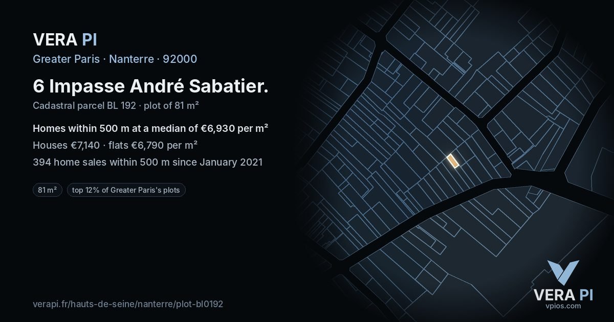 6 Impasse André Sabatier, Nanterre at night – the plot lit, the parcels around coloured by the prices near them