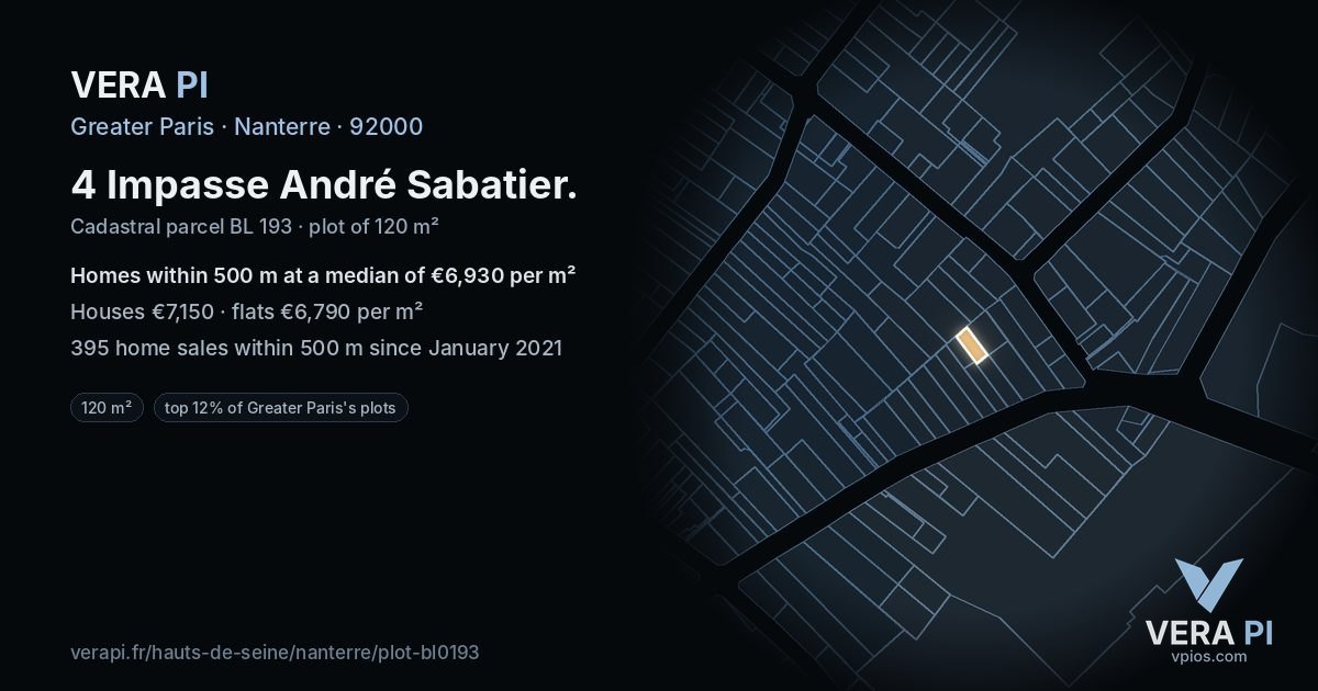 4 Impasse André Sabatier, Nanterre at night – the plot lit, the parcels around coloured by the prices near them