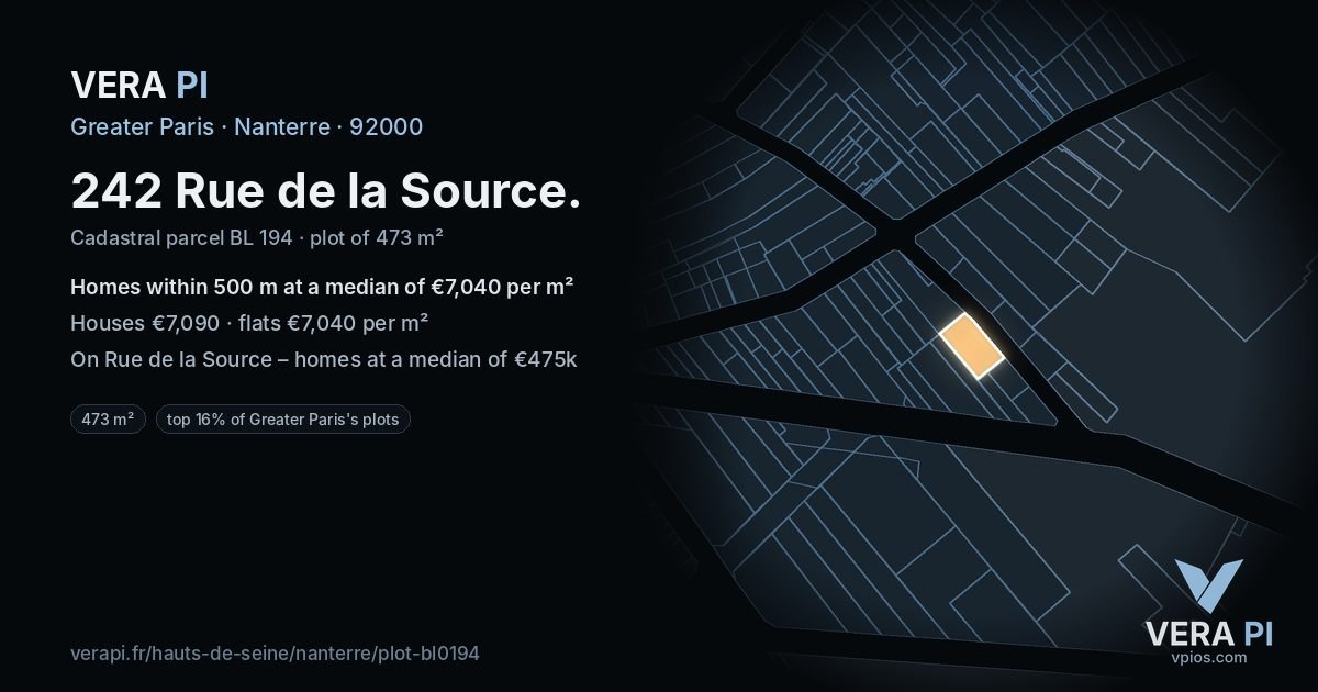 242 Rue de la Source, Nanterre at night – the plot lit, the parcels around coloured by the prices near them