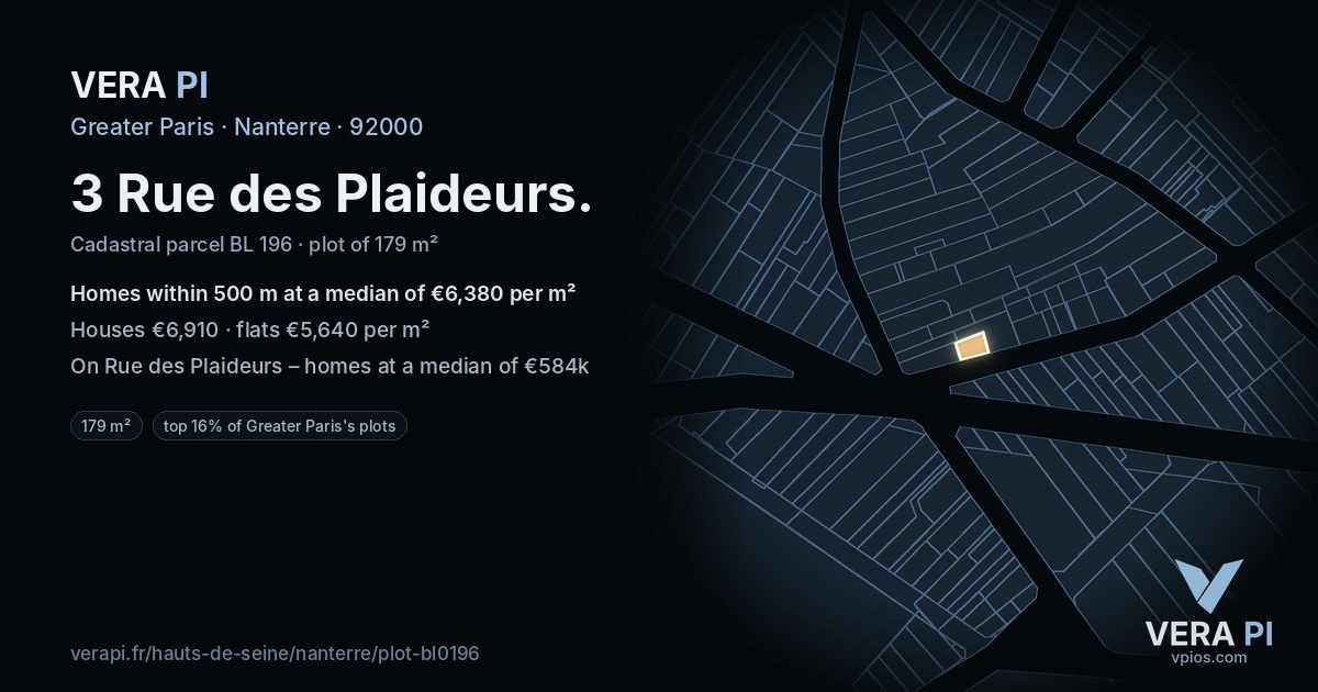 3 Rue des Plaideurs, Nanterre at night – the plot lit, the parcels around coloured by the prices near them