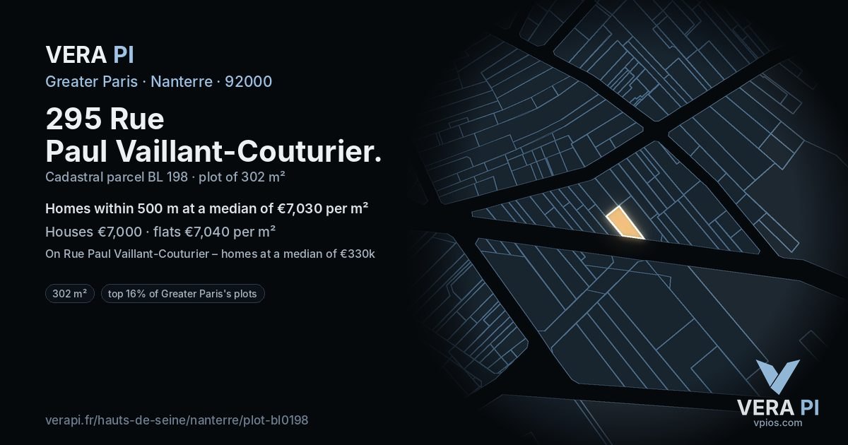 295 Rue Paul Vaillant-Couturier, Nanterre at night – the plot lit, the parcels around coloured by the prices near them