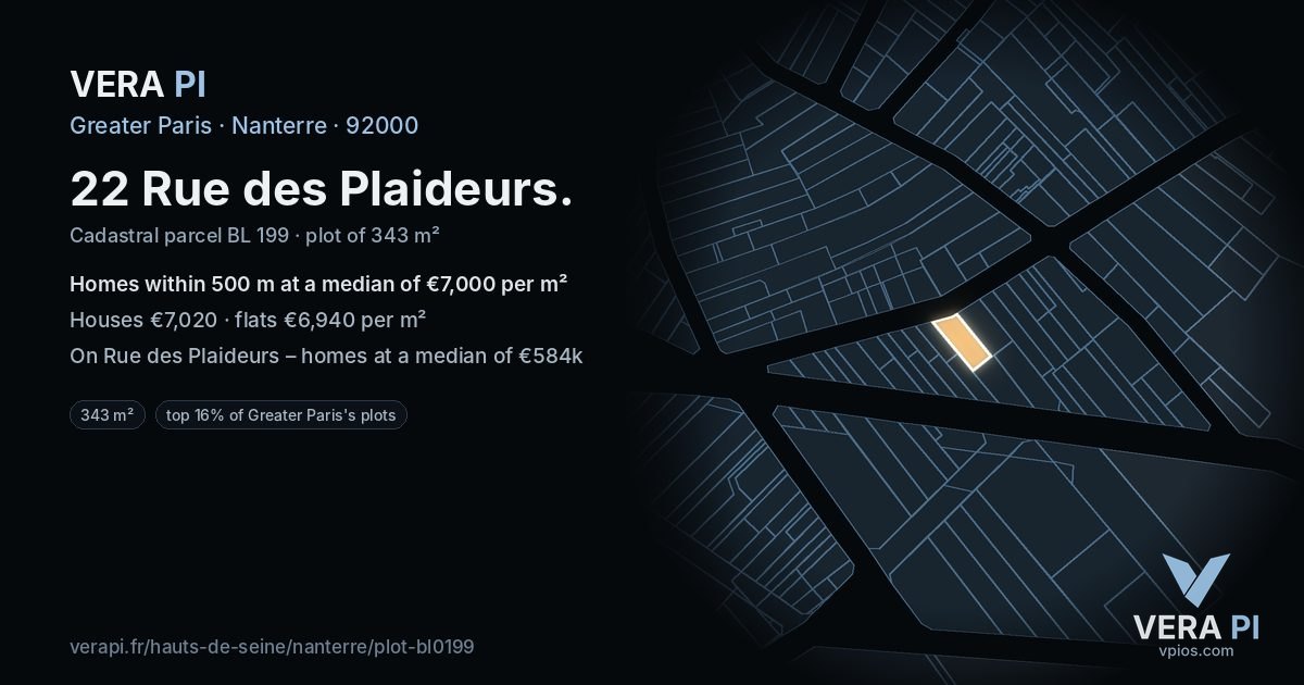 22 Rue des Plaideurs, Nanterre at night – the plot lit, the parcels around coloured by the prices near them