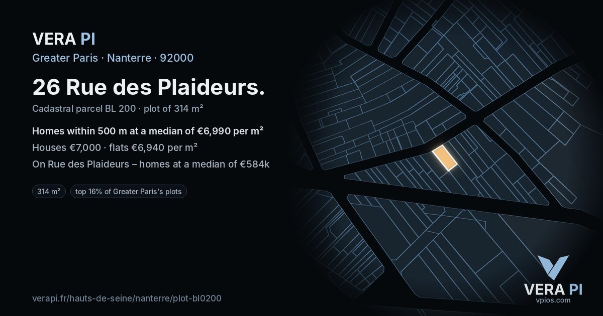 26 Rue des Plaideurs, Nanterre at night – the plot lit, the parcels around coloured by the prices near them
