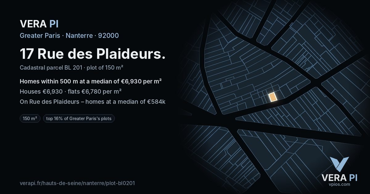 17 Rue des Plaideurs, Nanterre at night – the plot lit, the parcels around coloured by the prices near them