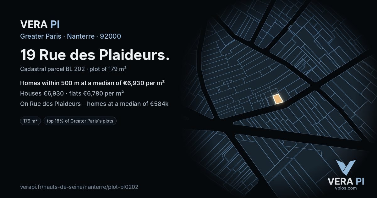 19 Rue des Plaideurs, Nanterre at night – the plot lit, the parcels around coloured by the prices near them