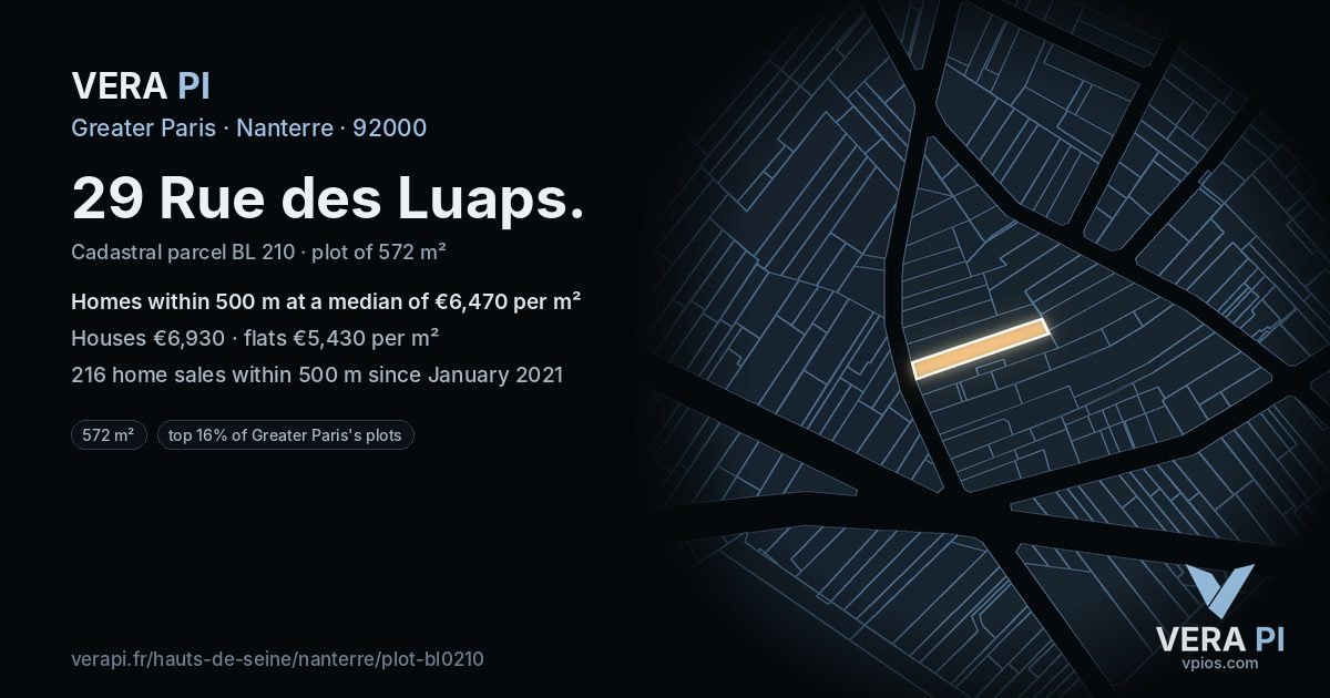 29 Rue des Luaps, Nanterre at night – the plot lit, the parcels around coloured by the prices near them