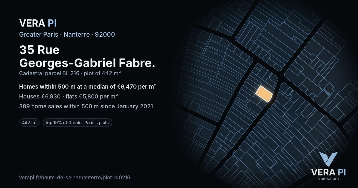 35 Rue Georges-Gabriel Fabre, Nanterre at night – the plot lit, the parcels around coloured by the prices near them