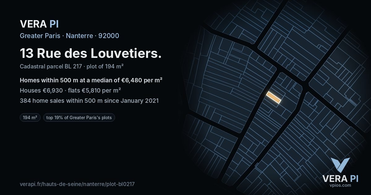 13 Rue des Louvetiers, Nanterre at night – the plot lit, the parcels around coloured by the prices near them