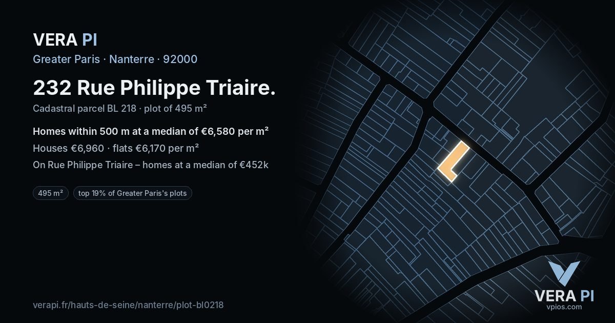 232 Rue Philippe Triaire, Nanterre at night – the plot lit, the parcels around coloured by the prices near them