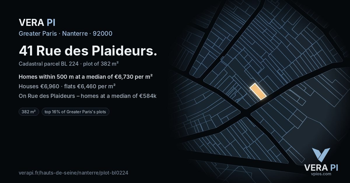 41 Rue des Plaideurs, Nanterre at night – the plot lit, the parcels around coloured by the prices near them