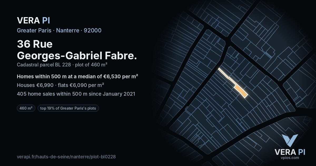 36 Rue Georges-Gabriel Fabre, Nanterre at night – the plot lit, the parcels around coloured by the prices near them