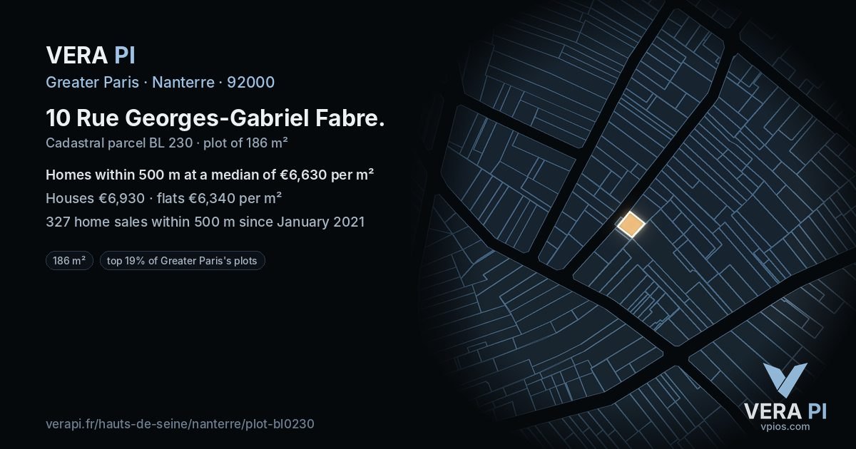 10 Rue Georges-Gabriel Fabre, Nanterre at night – the plot lit, the parcels around coloured by the prices near them