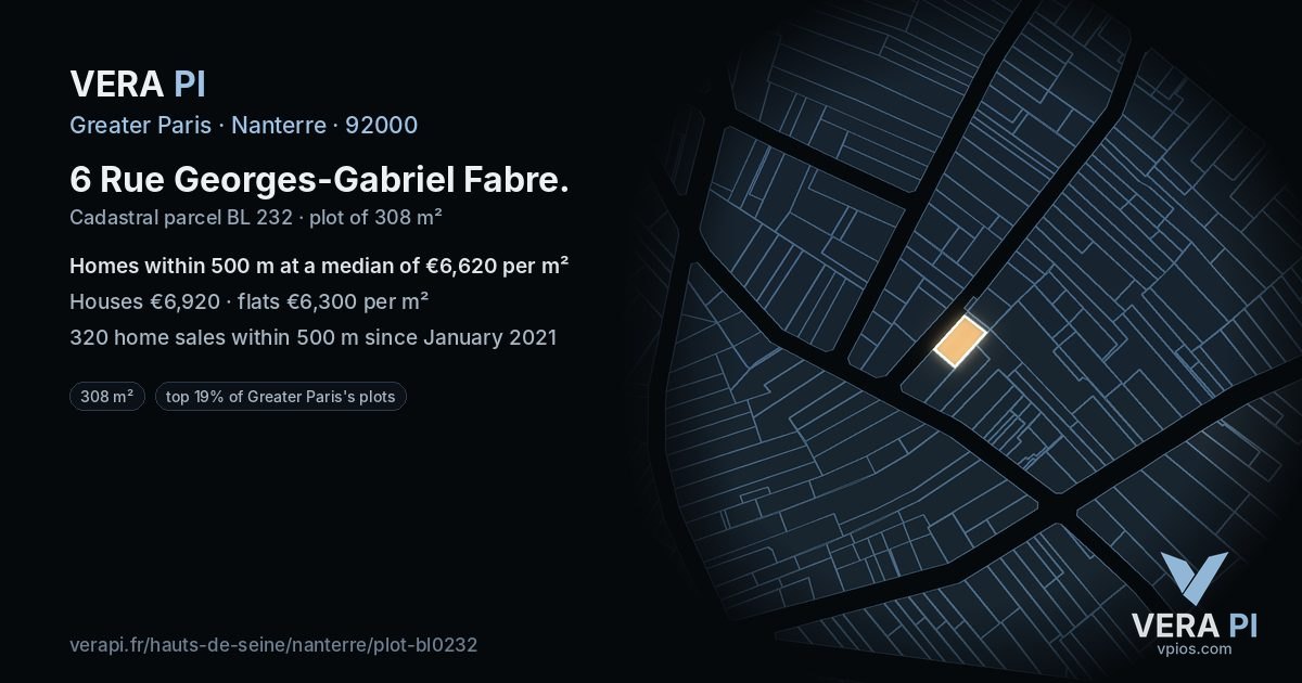 6 Rue Georges-Gabriel Fabre, Nanterre at night – the plot lit, the parcels around coloured by the prices near them