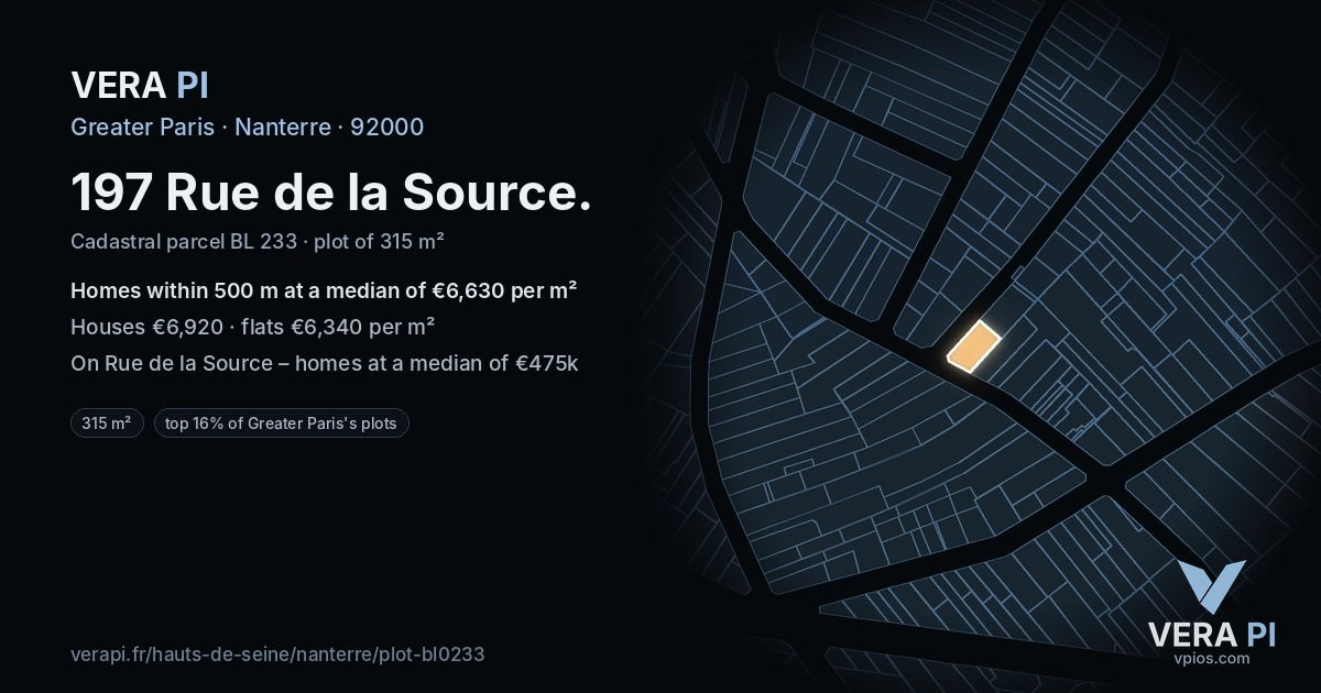 197 Rue de la Source, Nanterre at night – the plot lit, the parcels around coloured by the prices near them