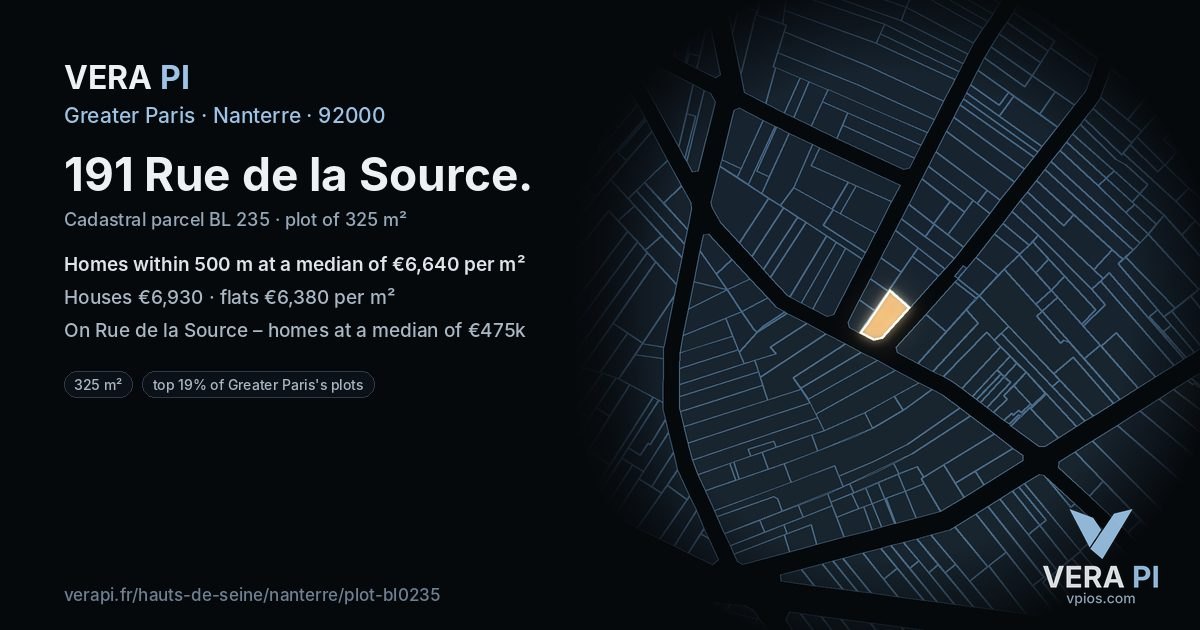 191 Rue de la Source, Nanterre at night – the plot lit, the parcels around coloured by the prices near them