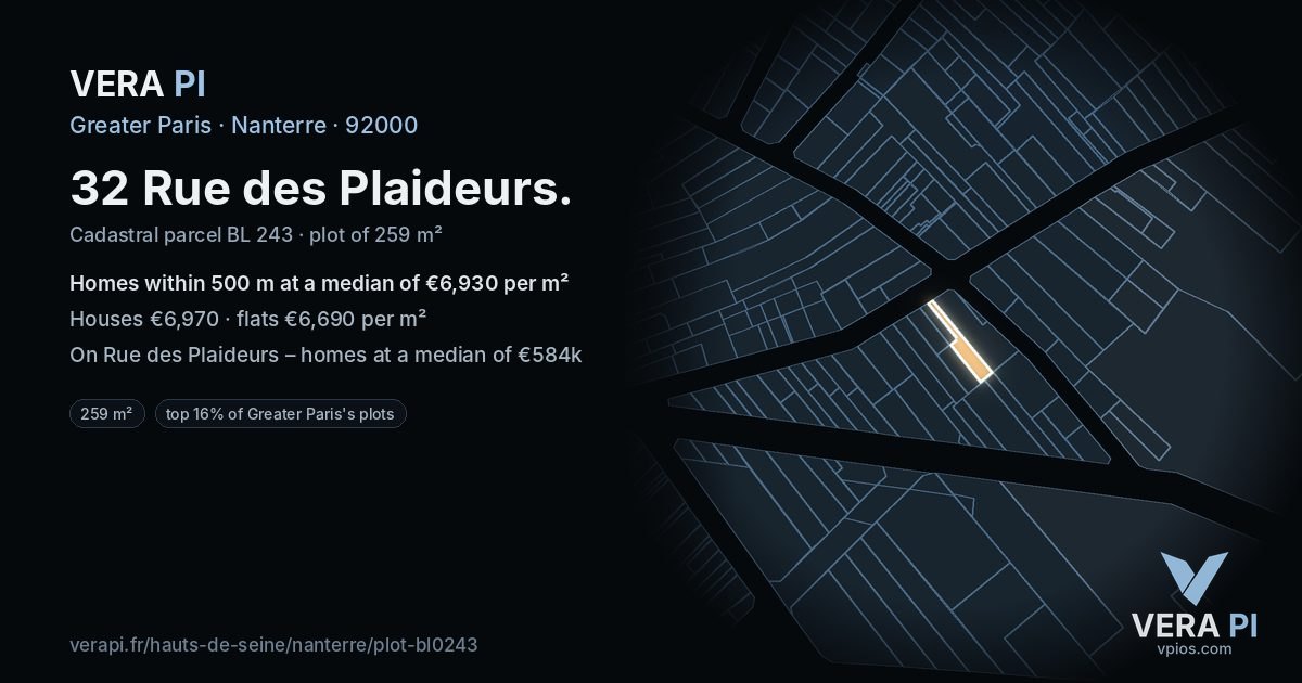 32 Rue des Plaideurs, Nanterre at night – the plot lit, the parcels around coloured by the prices near them