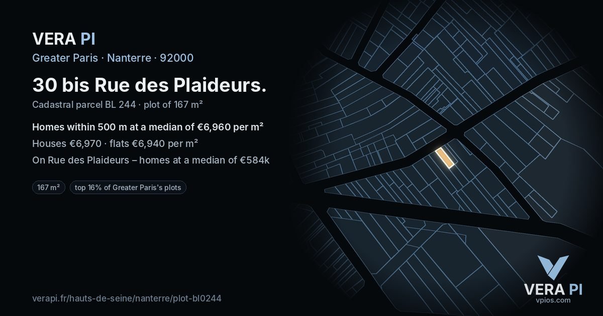30 bis Rue des Plaideurs, Nanterre at night – the plot lit, the parcels around coloured by the prices near them