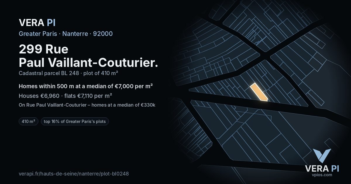 299 Rue Paul Vaillant-Couturier, Nanterre at night – the plot lit, the parcels around coloured by the prices near them