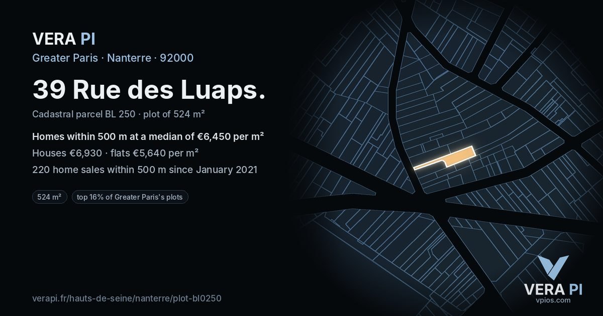 39 Rue des Luaps, Nanterre at night – the plot lit, the parcels around coloured by the prices near them