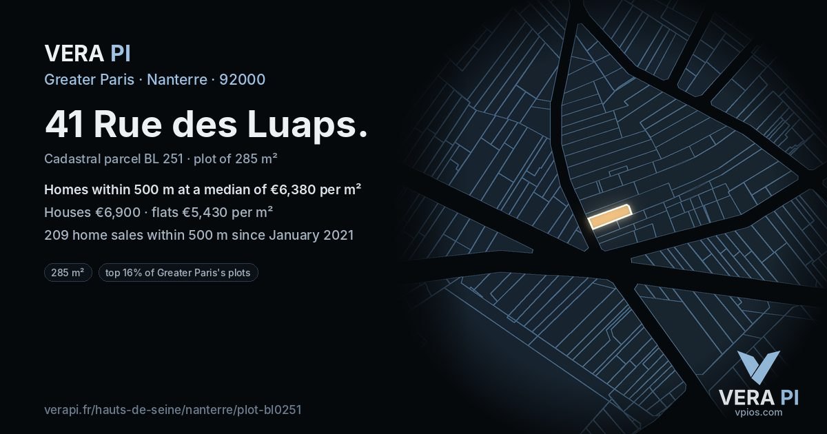 41 Rue des Luaps, Nanterre at night – the plot lit, the parcels around coloured by the prices near them
