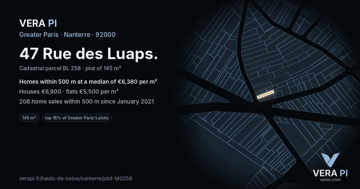 47 Rue des Luaps, Nanterre at night – the plot lit, the parcels around coloured by the prices near them