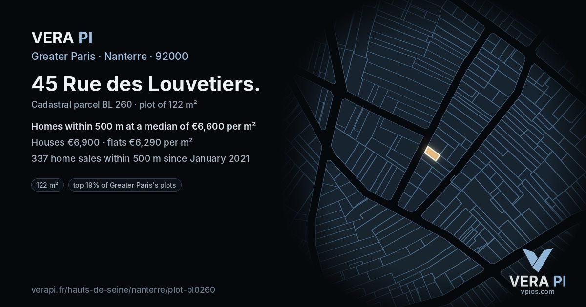 45 Rue des Louvetiers, Nanterre at night – the plot lit, the parcels around coloured by the prices near them