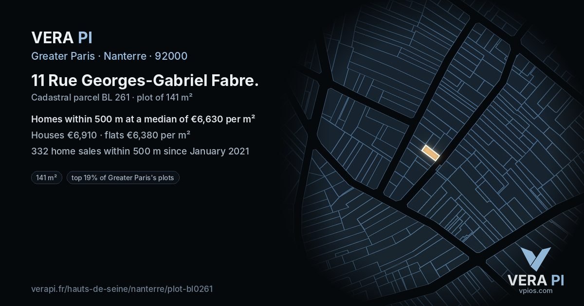 11 Rue Georges-Gabriel Fabre, Nanterre at night – the plot lit, the parcels around coloured by the prices near them