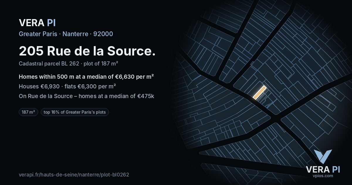 205 Rue de la Source, Nanterre at night – the plot lit, the parcels around coloured by the prices near them