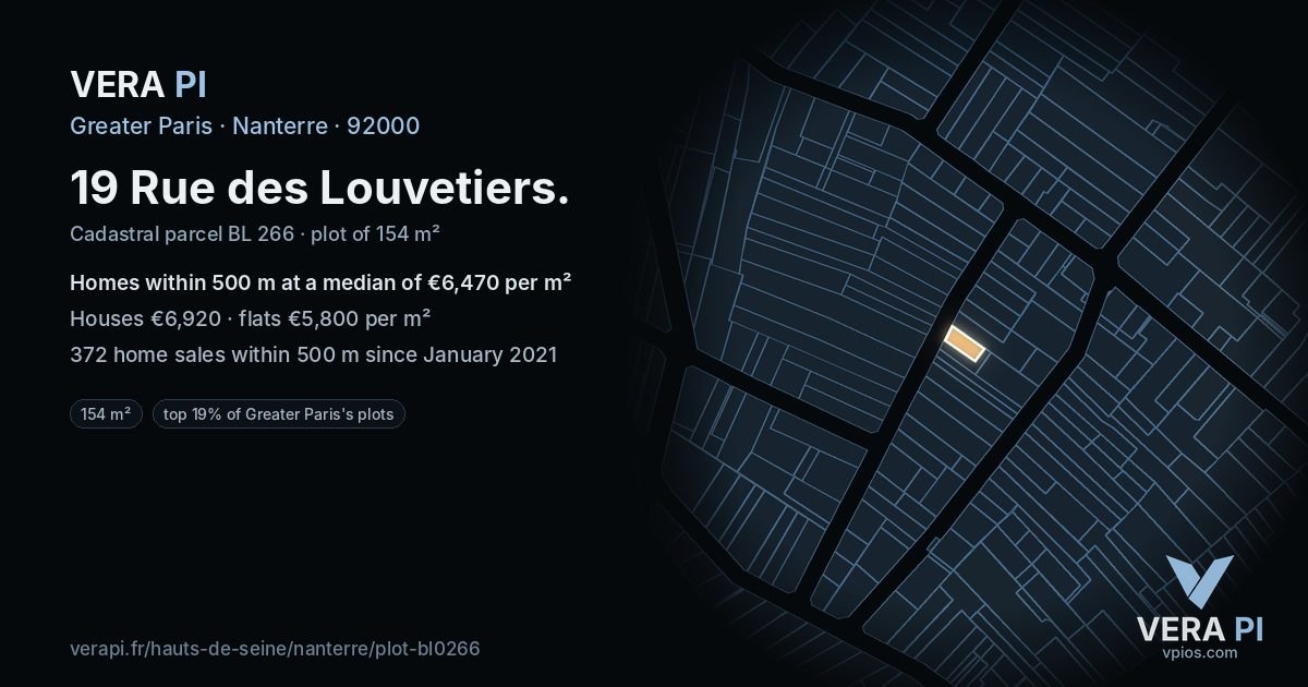 19 Rue des Louvetiers, Nanterre at night – the plot lit, the parcels around coloured by the prices near them