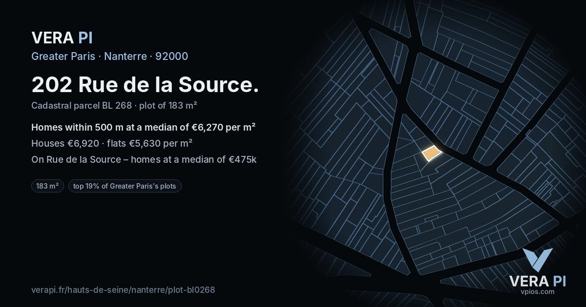 202 Rue de la Source, Nanterre at night – the plot lit, the parcels around coloured by the prices near them