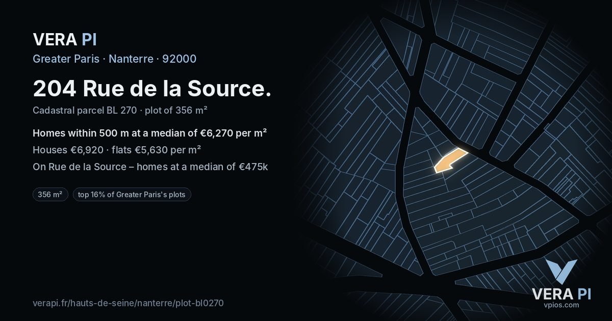 204 Rue de la Source, Nanterre at night – the plot lit, the parcels around coloured by the prices near them