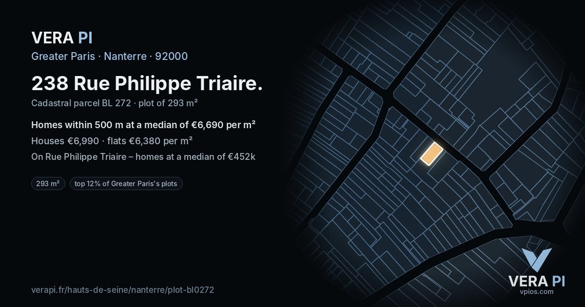 238 Rue Philippe Triaire, Nanterre at night – the plot lit, the parcels around coloured by the prices near them