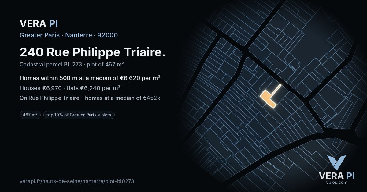 240 Rue Philippe Triaire, Nanterre at night – the plot lit, the parcels around coloured by the prices near them