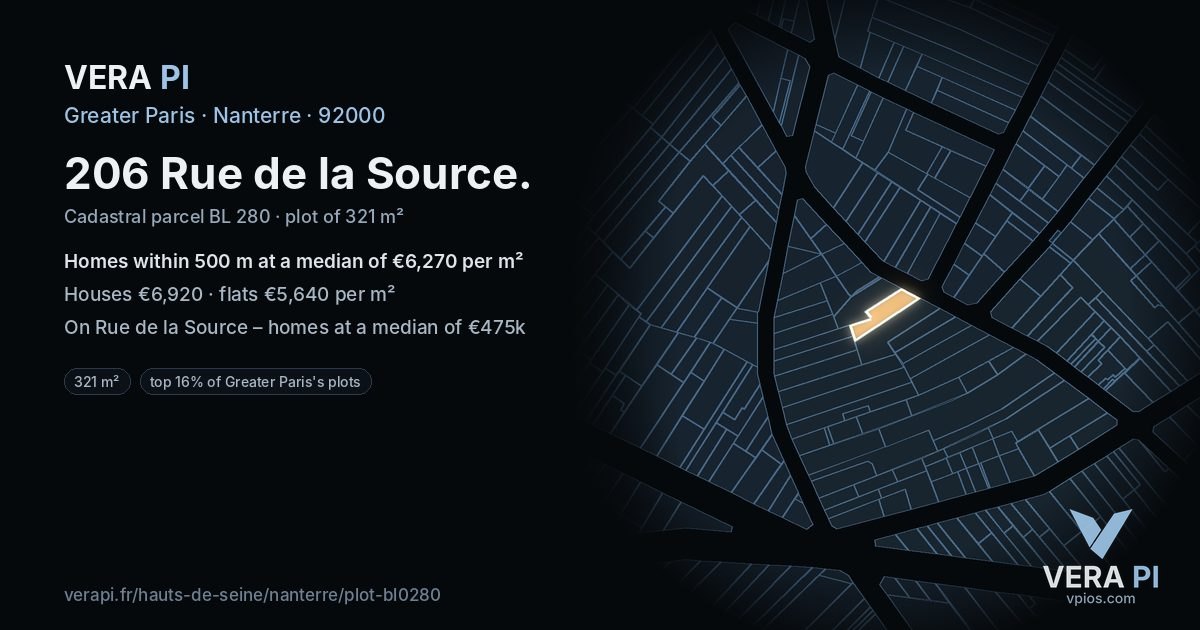 206 Rue de la Source, Nanterre at night – the plot lit, the parcels around coloured by the prices near them