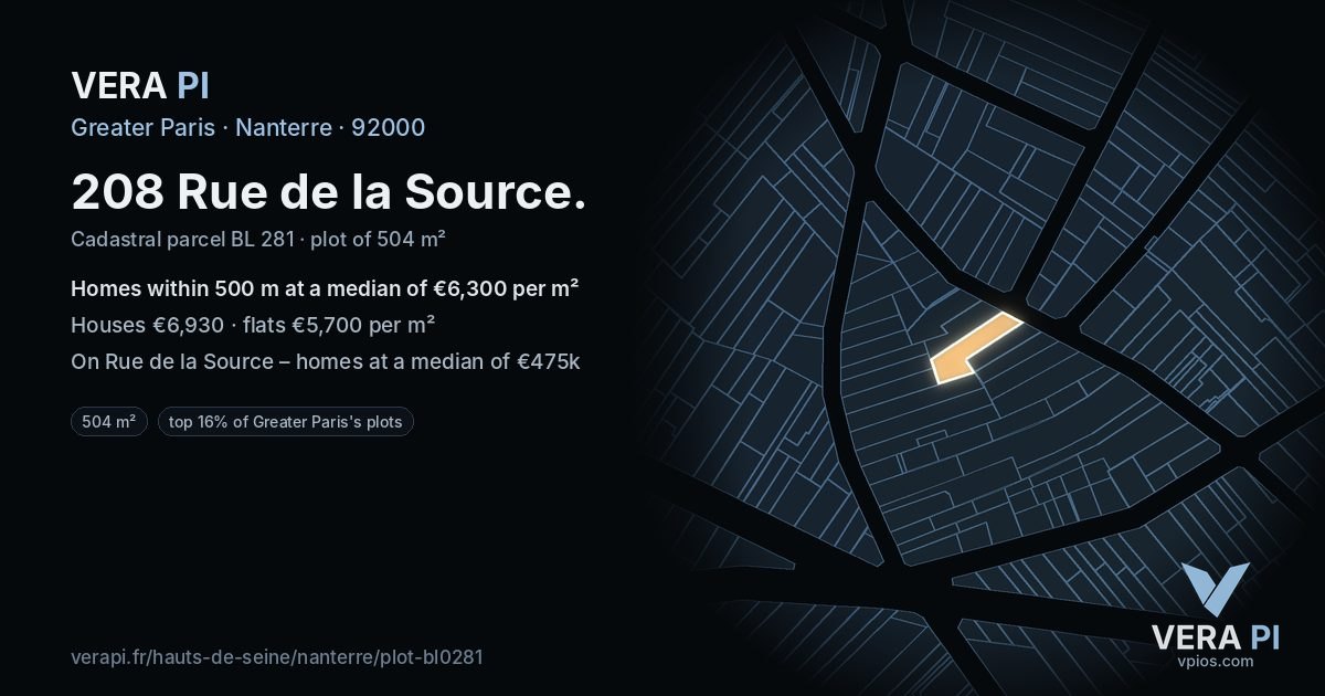 208 Rue de la Source, Nanterre at night – the plot lit, the parcels around coloured by the prices near them