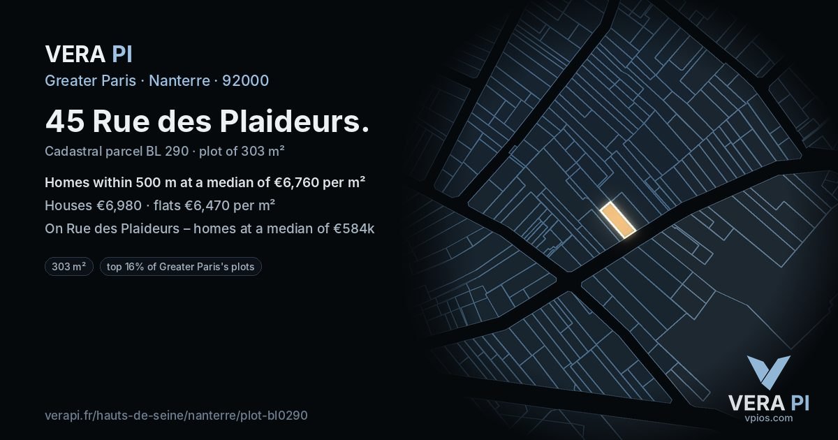 45 Rue des Plaideurs, Nanterre at night – the plot lit, the parcels around coloured by the prices near them